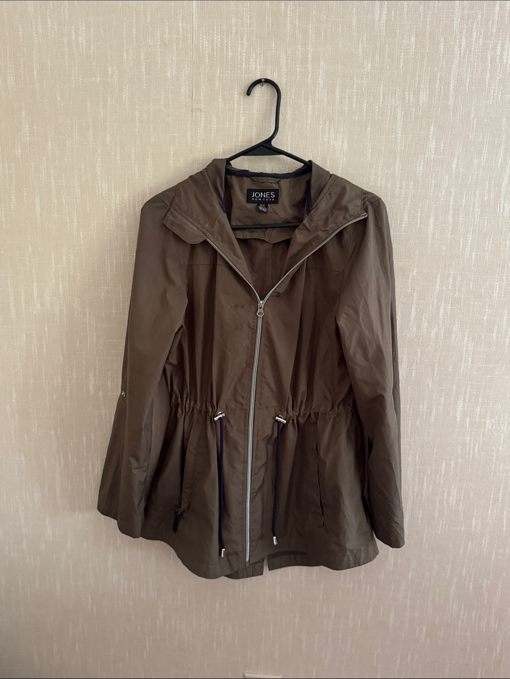 Jones New York Olive Green Drawstring Hooded Rain Jacket